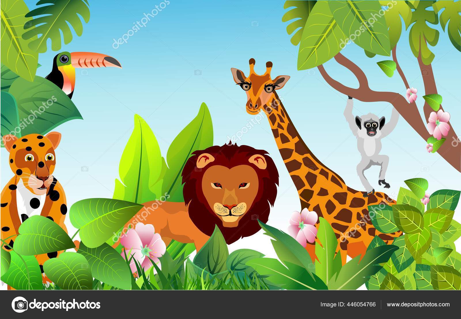 Ilustrasi Satwa Liar Kartun Hutan Jaguar Giraffe Winstant Hutan Vektor Stok Vektor C Baurz 446054766