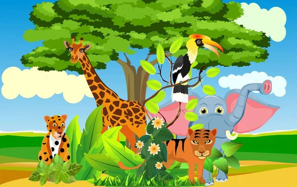Çizgi film Vahşi Yaşam Çizimi. Jaguar. Zürafa. Fil. Ağaç altında, vektör
