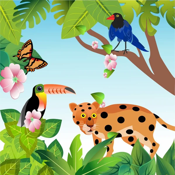 Cartoon Jungle Wildlife Illustration Inglés Jaguar Tucán Selva Plantas Animales — Vector de stock