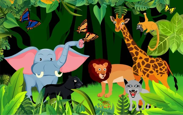 Cartoon Jungle Wildlife Illustration Inglés Jaguar Jirafa Elephant Selva Vector — Vector de stock