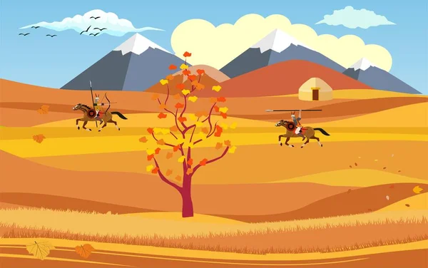 Kazachstan Typische Landschap Man Paarden Rijden Steppe Vector — Stockvector
