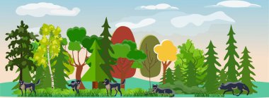 Ormanda kurt sürüsü. Vahşi yaşam doğal manzara, ağaçlar ve bitkiler. Çizgi film vektör illüstrasyonu 