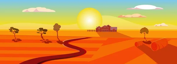 Abendliche Sonnenuntergangslandschaft Feld Und Heuhaufen Bauernhäuser Unter Bewölktem Himmel Sommerzeit — Stockvektor