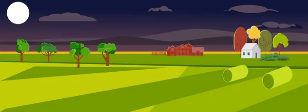 Kırsal Manzara Saman Yığınlarıyla Yeşil Alan Çiftlik Binaları Mavi Bulutlu — Stok Vektör