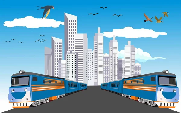 Vonatok Hajtanak Úton Logisztikai Vektor Városi Épületek Háttérben Kazahsztáni Vasúttársaság — Stock Vector