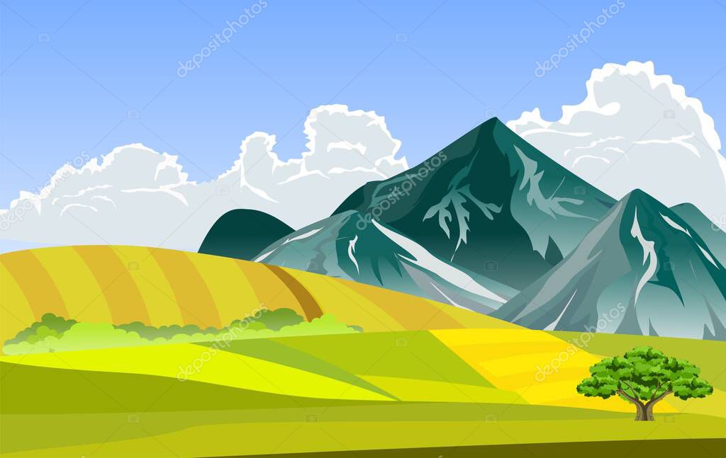 Countryside landscape, mounatins and gold and green fields, farmland, outdoor theme vector illustration