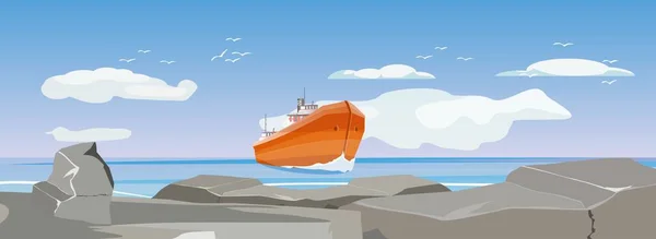 Havskusten Stort Fartyg Havet Horisont Kusten Aralsjön Vektor — Stock vektor