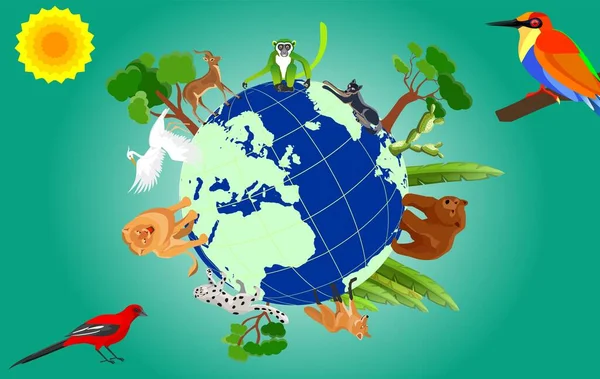Planeta Terra Com Fauna Flora Vetor Verde Planeta Terra Animais — Vetor de Stock