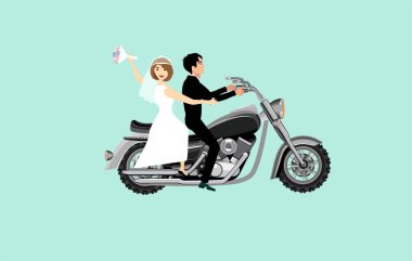 Mutlu çift bisiklete biniyor düğün fotoğrafı, gelin ve damat çerçevede, düz vektör çizimi.