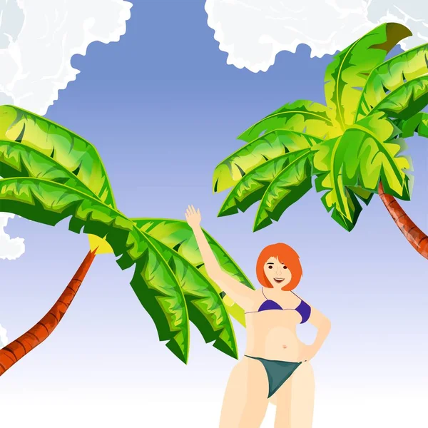 Bikini Mädchen Tropischer Sommerurlaub Strand Meer Pflanzen Rahmenvektor — Stockvektor