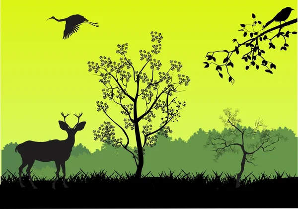 Cervos, guindaste voador e silhueta de árvore —  Vetores de Stock