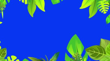 Yeşil yapraklar ve bitkiler mavi arkaplanda yavaşça sallanıyor, tropikal yeşillik animasyonu, pankartlar, sunumlar, kartlar veya video arkaplanları için dekoratif doğa kenarı