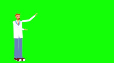 Beyaz önlüklü doktor ya da bilim adamı bir şeyi açıklıyor, kenara bakıyor, eğitim, tıp, bilim ya da kurumsal videolar için yeşil arka planda animasyon