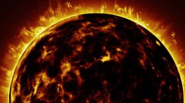 Işıldayan lav yüzeyi ve patlayan güneş patlamaları ile karanlık güneş animasyon, sıcak plazma ile gerçekçi karanlık güneş diski, ateşli çıkıntılar ve uzay, astronomi ve bilim-kurgu arka grubu için kozmik enerji döngüsü