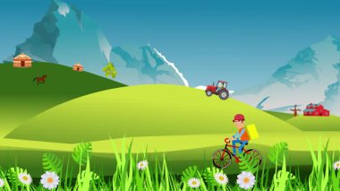 Yeşil Tepeler, Traktör, Rüzgar Türbini, Dağlar ve Güneş 'le Animasyon Yapan Bisikletçi