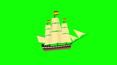 Yeşil bir arka planda Yüzen Gemi yükseltilmiş yelkenli klasik bir yelkenli gemi suyun üzerinde hareket ederken görsel olarak sabit duruyor gibi görünüyor. Canlandırmalar için ideal,