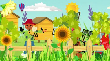 Kırsalda Çiçekler Arıların Arasında Uçan Arı Çiftlik Sahnesi (Animasyon) küçük ahşap bir çit, yeşil çimen, korkuluk ve bir tarlada traktörle kırsal alan canlandırması. Bir arı çiçekten kuşa uçar.
