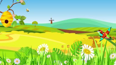 Arı kovanlı bir ağacın vektör animasyonu, etrafta uçuşan arılar, tepeleri ve dağları olan kırsal doğa. Ayrıca yakınlarda uçan örümcekler (kuşlar) gibi arı tehditleri de yer alıyor. (No Al)