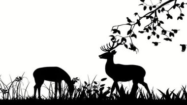 Beyaz arka planda uçan geyik, ağaç ve kuşların canlandırması No Ai