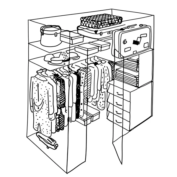 Garderobe met kleren hand getrokken vectorillustratie — Stockvector