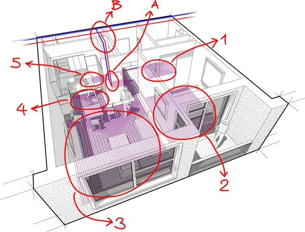 Diagrama de apartamento com piso radiante e notas desenhadas à mão —  Vetores de Stock