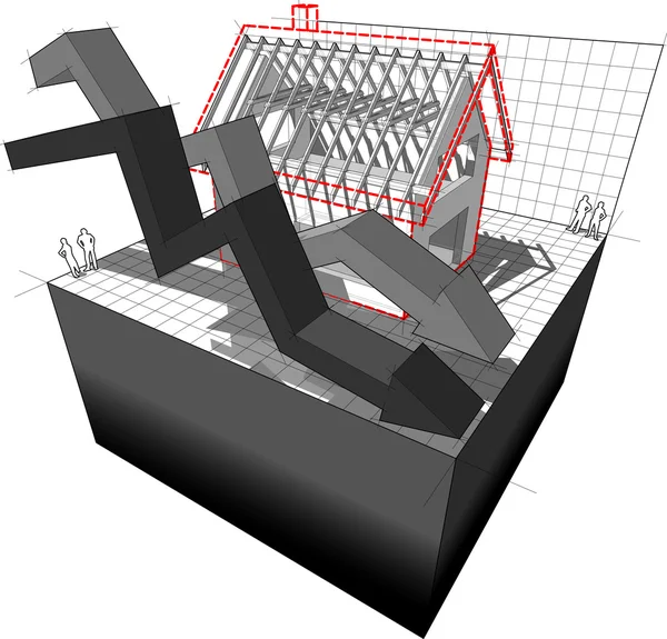 Diagramme d'une maison en construction avec des flèches d'affaires tombant — Image vectorielle