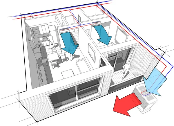 Apartamento com parede interior diagrama de ar condicionado — Vetor de Stock