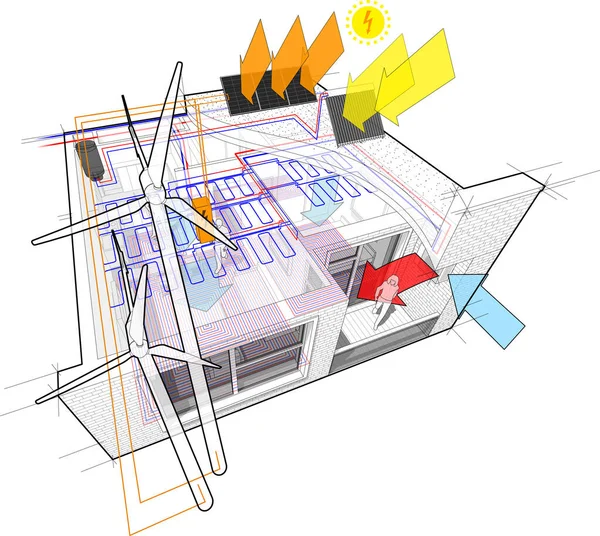 Bytový Diagram Podlahovým Vytápěním Napojený Větrné Turbíny Fotovoltaické Solární Panely — Stockový vektor