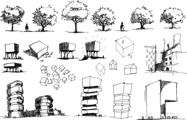 Viele Handgezeichnete Architektonische Skizzen Einer Modernen Abstrakten Architektur Und Einfamilienhäuser — Stockvektor