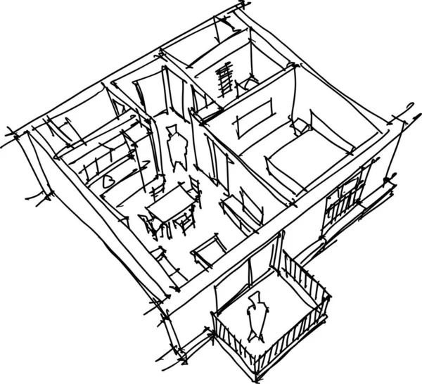 Esboço Desenhado Mão Perspectiva Cortar Diagrama Apartamento Quarto Completamente Mobilado —  Vetores de Stock