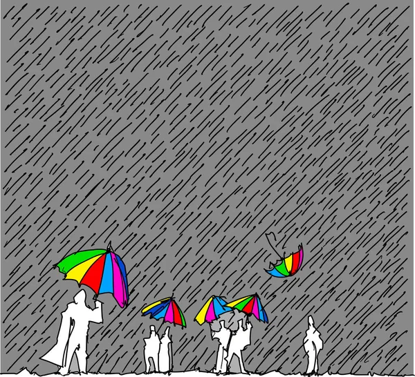 Ручной Эскиз Людей Красочными Зонтиками Проливным Дождем Одним Летающим Зонтиком — стоковый вектор