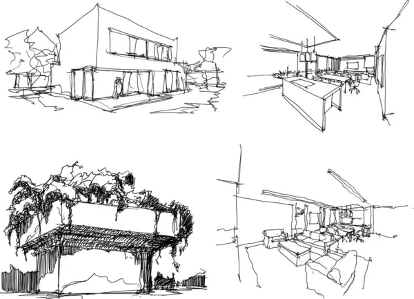 Quattro Disegni Architettonici Disegnati Mano Architettura Moderna Interni — Vettoriale Stock