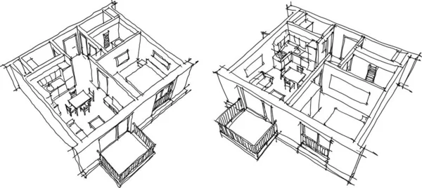 Dva Ručně Kreslené Náčrty Perspektivy Odříznutý Diagram Jednoho Bytu Ložnice — Stockový vektor