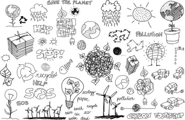 Muchos Bocetos Dibujados Mano Temas Relacionados Con Naturaleza Medio Ambiente — Vector de stock