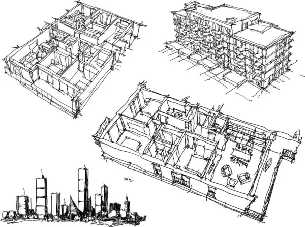 Vier Architektonische Skizzen Einer Modernen Architektur — Stockvektor
