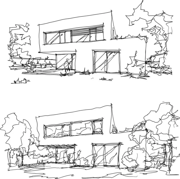 两幅手绘的现代两层独立房屋建筑草图 屋面平坦 周围人山人海 — 图库矢量图片