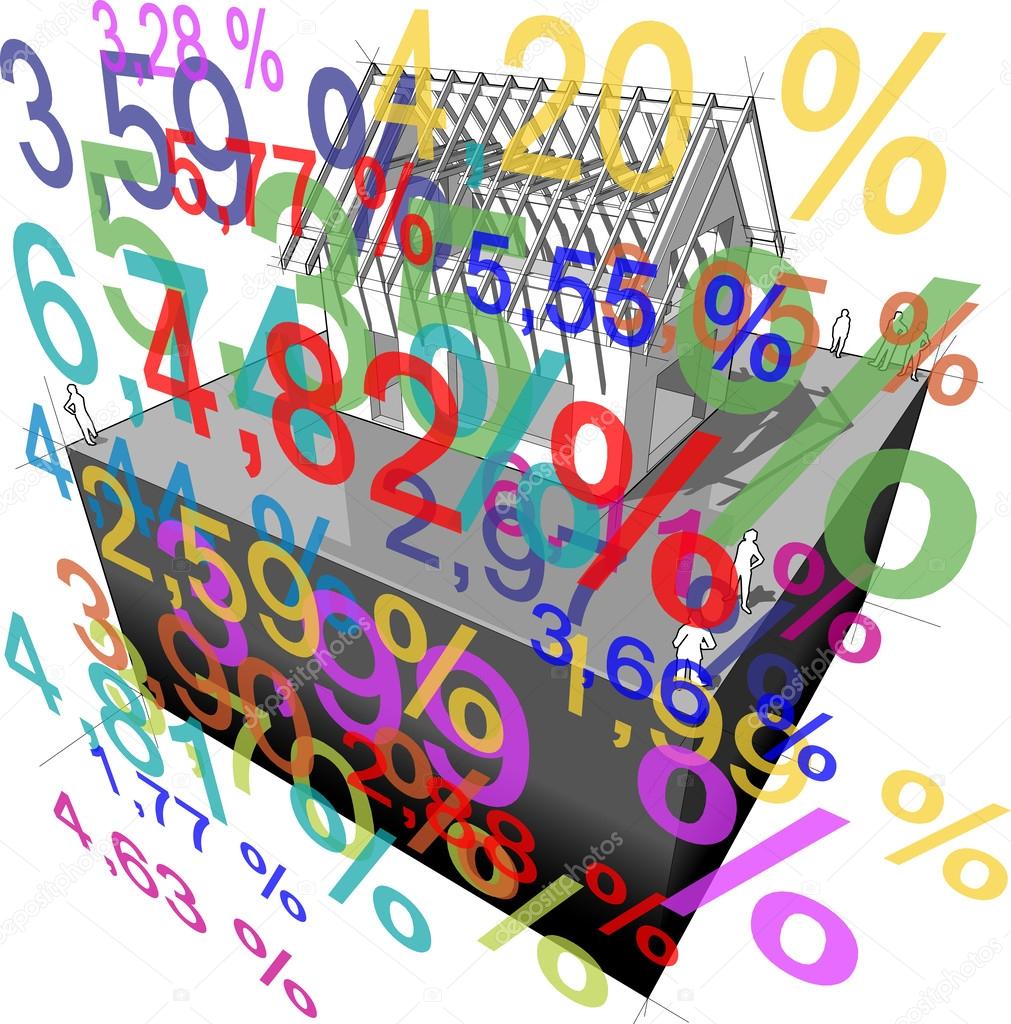 House under construction with roof framework and interest rate percentage diagram
