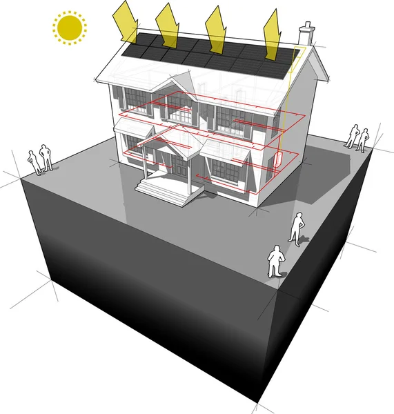 Casa com diagrama de painéis fotovoltaicos — Vetor de Stock
