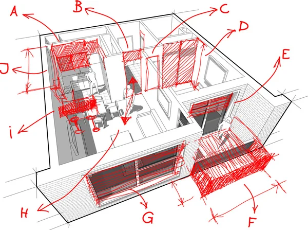 Wohnungsdiagramm mit handgezeichneten Architektennotizen — Stockvektor