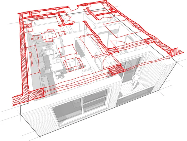 Schemat mieszkania z ręcznie rysowane floorplan diagramu — Wektor stockowy