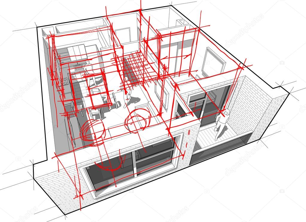 Apartment diagram with hand drawn architect`s sketches