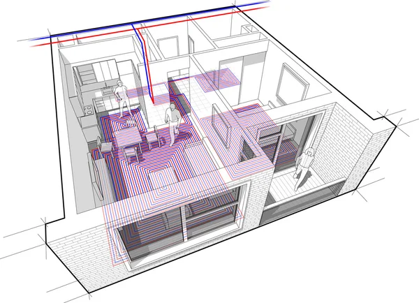 Diagrama del apartamento con calefacción por suelo radiante — Vector de stock