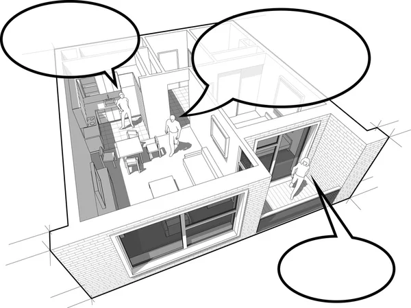 Diagrama del apartamento con personas y burbujas del habla — Archivo Imágenes Vectoriales