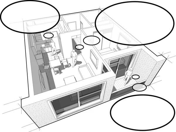 Diagrama del apartamento con personas y burbujas de pensamiento cómico — Archivo Imágenes Vectoriales