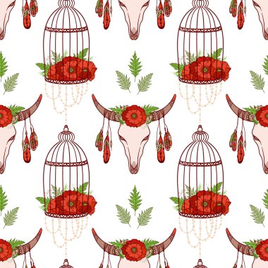 Kafatası ile dikişsiz desen, kafeslerde haşhaş.