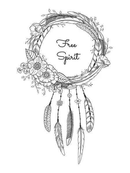 Dreamcatcher com penas e flores . —  Vetores de Stock