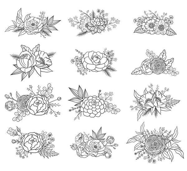 Colecție de compoziții florale trase manual — Vector de stoc