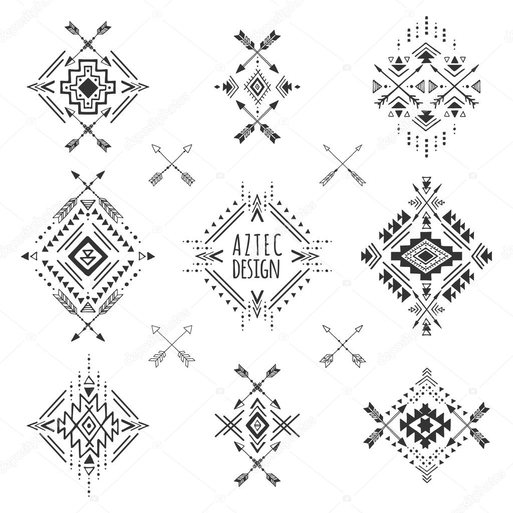 Aztec elements. Tribal geometric symbols for tattoos, logo, cards, decorative works. Set of ethnic hand drawn ornaments. Vector illustration.