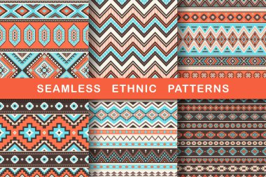 Etnik, pürüzsüz kalıplar. Aztek geometrik arkaplan seti. Şık Navajo kumaş koleksiyonu. Kabile modern soyut vektör çizimi.