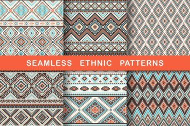 Etnik, pürüzsüz kalıplar. Aztek geometrik arkaplan seti. Şık Navajo kumaş koleksiyonu. Kabile modern soyut vektör çizimi.